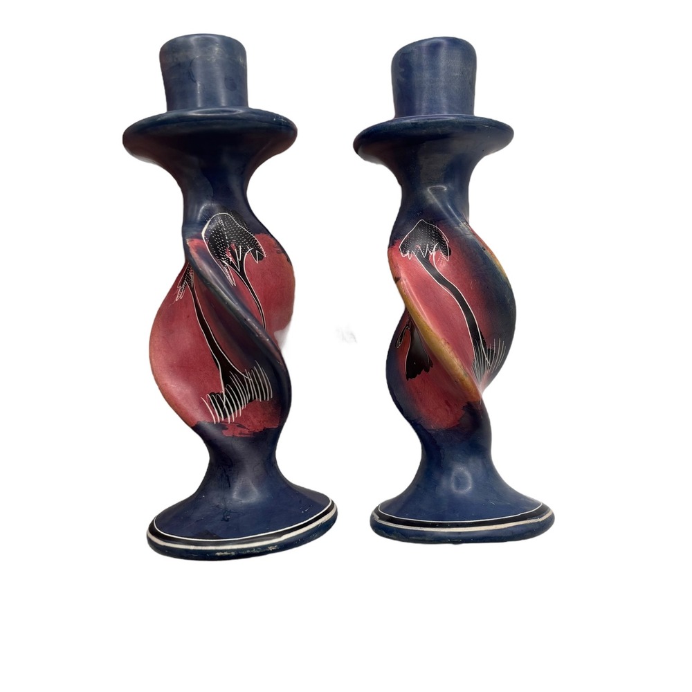 Vintage African Soapstone Candlestick Holders Hand Carved Animal Design Blue - Picture 2 of 7